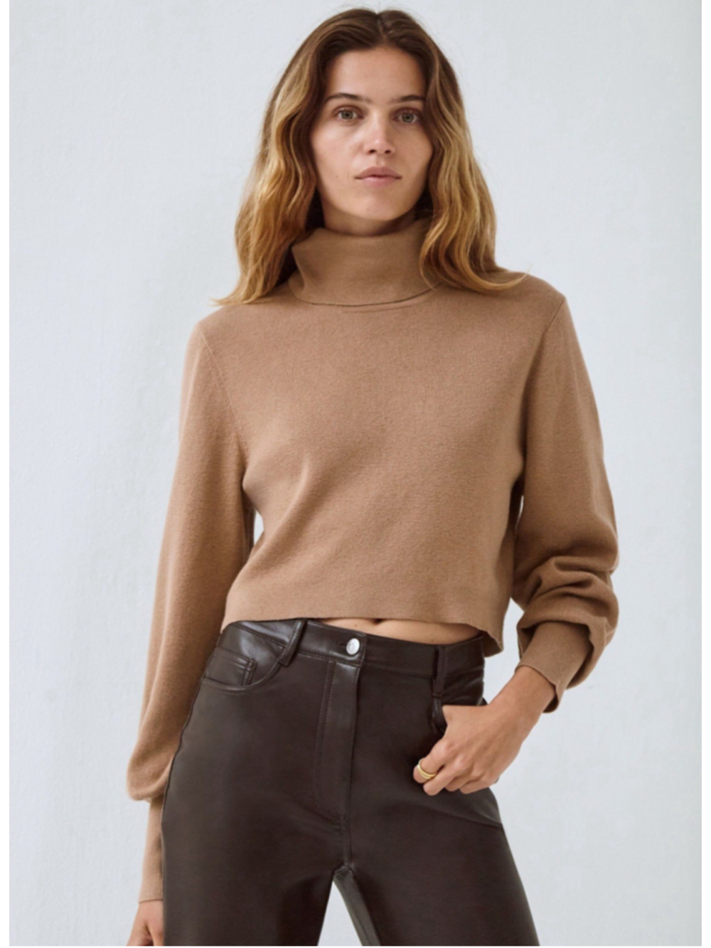 Aritzia Wilfred Rebecca Turtleneck Sweater Camel Tan Merino Wool Cropped Size S